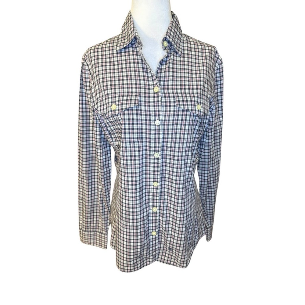 Banana Republic Womens Small Plaid‎ Button Down Shirt Navy White Orange Cotton